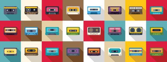 Stereo cassettes icon set. Colorful audio cassettes representing retro music and sound recording vector