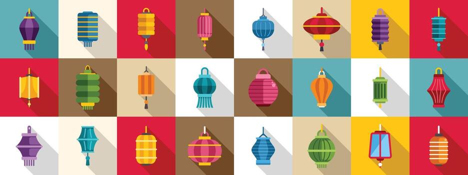 Paper glowing lantern icon set. Colorful chinese lanterns icons set featuring various shapes and styles vector