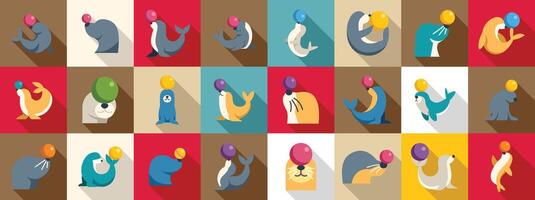 Seal holds ball icon set. Circus seal balancing balls on nose icons set flat illustration vector