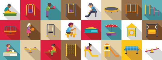 Children play playground icon set. Kids playing and having fun at the playground with swings, slides, and sandbox vector