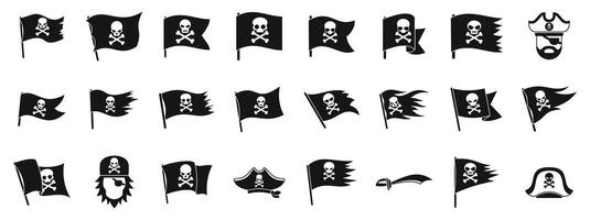 Jolly roger icon set. Pirate flag, skull and crossbones, jolly roger waving in different styles with tricorn hat and cutlass vector
