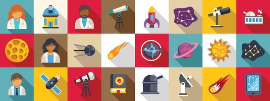 Scientist astronomer icon set. Astronomy science studying solar system and outer space with rocket, telescope and satellite vector