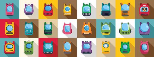 Backpack pet icon set. Pet carrier backpacks for cats and small dogs in different styles and colors vector