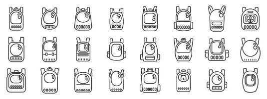 Backpack pet icon set. Collection of astronaut backpack icons representing space exploration and futuristic travel vector