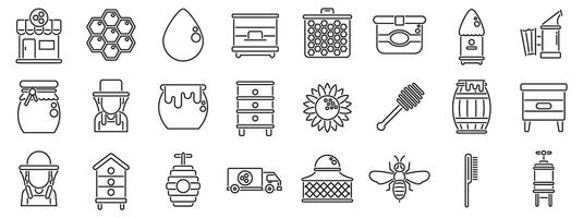 Apiculture business icon set. Beekeeping related icons featuring beekeepers, honeycombs, beehives, and honey products vector