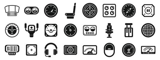 Airplane cockpit icon set. Airplane cockpit control panel dashboard icons showing navigation, speed, altitude, and pilot seat vector