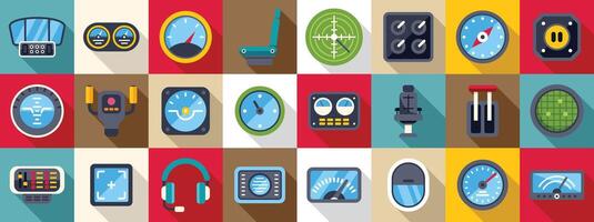 Airplane cockpit icon set. Airplane cockpit instruments and controls showing flight data and pilot interface vector