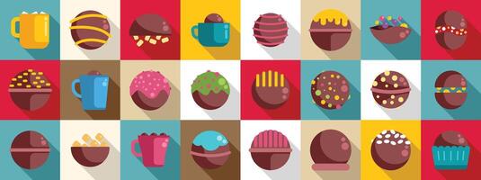 Chocolate bomb icon set. Chocolate pralines and hot drinks icons set showing delicious treats vector