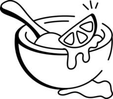 A doodle icon of a bowl of lemon soup with a lemon wedge and a spoon. vector