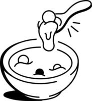 A doodle icon of pea soup in a bowl with a spoon dipping in vector