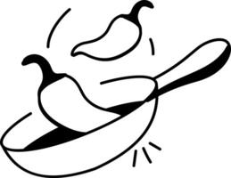 A playful doodle icon of frying chillies in a pan vector