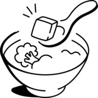 Doodle icon of a bowl of broccoli soup with a spoon vector