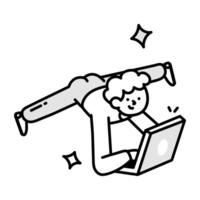 A character browsing on laptop, doodle style icon vector
