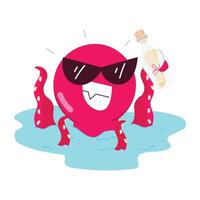 A flat sticker of octopus holding sea message bottle vector