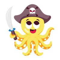 Cartoon style mascot of pirate octopus with cap and sword vector