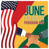 Dark-skinned hands interlocked on the background of American and Pan-African flags. Juneteenth concept. Flat illustration. vector