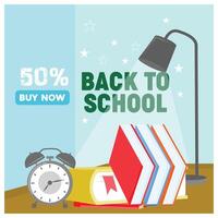 School equipment, alarm clock, and study lamp on the table. Bright color background. Back to School concept. Flat illustration. vector