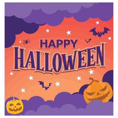 Fun Halloween elements. Bat, spider, and pumpkin on purple clouds background. Halloween concept. Flat illustration.