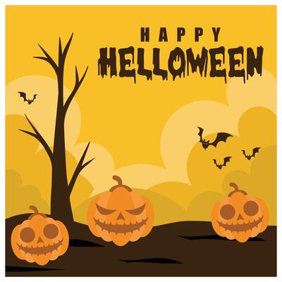 Jack O Lantern pumpkin and spooky tree. Flying bats on a yellow background. Halloween concept. Flat illustration.