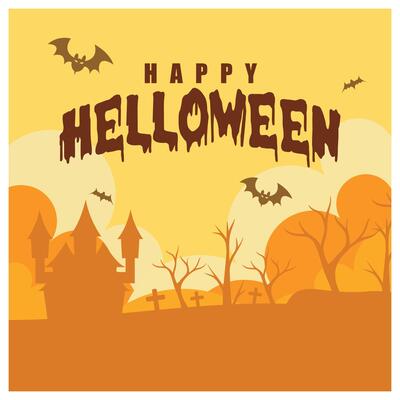 Spooky castle, flying bats, and a horror tree. Merry Halloween party. Halloween concept. Flat illustration.