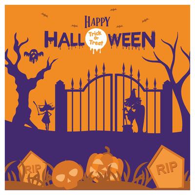 Scary Halloween party. Graveyard with a gate, pumpkins, trees, and spooky tombstones. Halloween concept. Flat illustration.