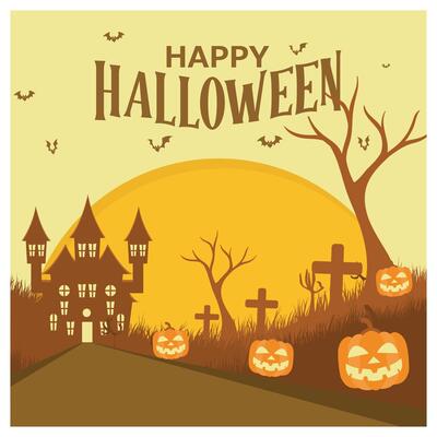 Halloween party with full moon background. Spooky castle with pumpkins, bats, and trees. Halloween concept. Flat illustration.