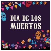 Dia de los Muertos holiday. Text with skulls, flowers, and flags. Day of the Dead concept. Flat illustration. vector