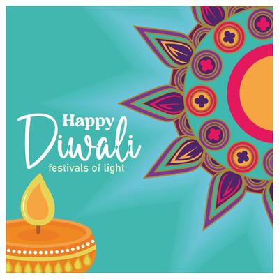 Lighted Diya lamp with rangoli decorations. Light green background. Diwali festival concept. Flat illustration.