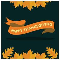 Happy Thanksgiving ribbon and text. Autumn leaves on a dark background. Thanksgiving concept. Flat illustration. vector
