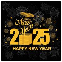 Festive New Year celebration with an open gift box. Gold text on a black background. Happy New Year 2025 concept. Flat illustration. vector