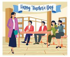 A female teacher stands in front of the class. Provide explanations to students in class. Teacher's day concept. Flat illustration. vector