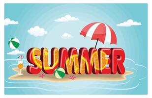Island in the middle of the sea with summer text. Summer elements and beach umbrellas on a clear sky background. Summer concept. Flat illustration. vector