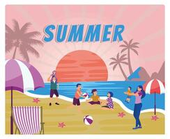 Father, mother, and children on holiday at the beach. Enjoy a fun summer vacation. Summer concept. Flat illustration. vector