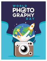 Camera with globe and flying rocket. Technological advances in art. World Photography Day concept. Flat illustration. vector