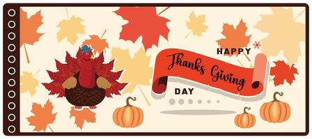 Thanksgiving with turkey and pumpkin. Thanksgiving text with autumn leaves. Thanksgiving concept. Flat illustration. vector