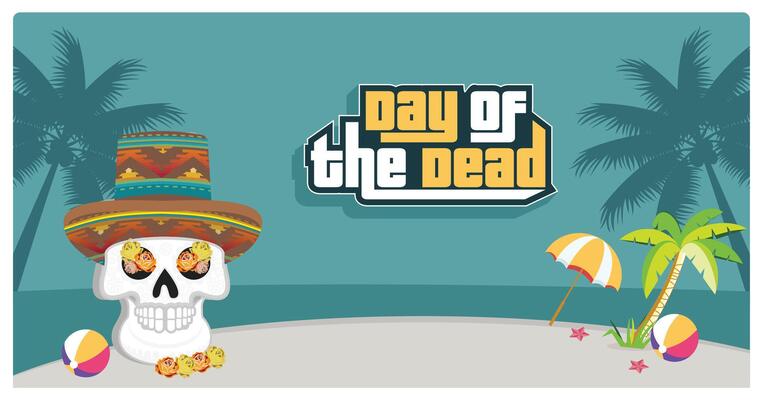 Human skull with flowers and sombrero hat. Beach view background. Day Of The Dead concept. Flat illustration.