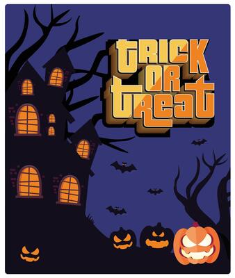 Spooky Halloween party. The castle, trees, bats, and pumpkins glow at night. Halloween Party concept. Flat illustration.