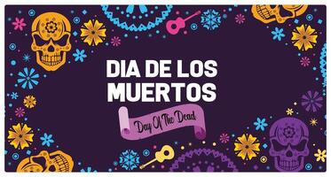 Dia De Los Muertos text with colorful elements. Human skull with colorful flowers. Day Of The Dead concept. Flat illustration. vector