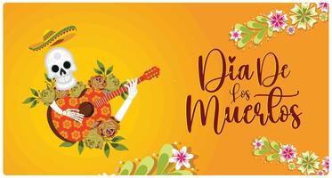 Day of the Dead text with colorful flowers. Skull wears a sombrero and plays guitar. Day of The Dead concept. Flat illustration. vector