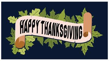 Ribbon with text Happy Thanksgiving. Autumn leaves on a dark background. Thanksgiving concept. Flat illustration. vector