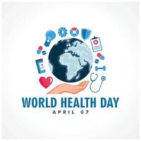 Globe and health icon in hand. Commemorating Global Health Day. World health day concept. vector