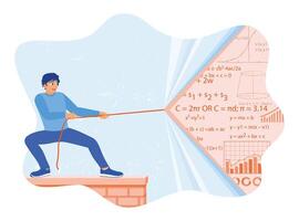 A man pulls a rope as hard as he can. Marketing icons are visible on the wall. Marketing concept. vector