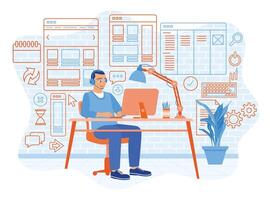 Man using headphones and working in front of computer. Developing a website on a computer. Web design concept. vector