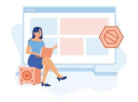Young woman using a laptop. Using search info on website pages. Web design concept. vector