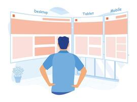 Designers develop websites for electronic devices. Sketch the wireframe layout. Web design concept. vector