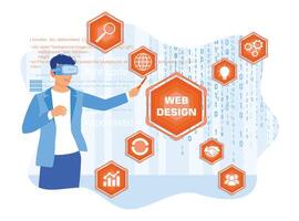 Young man using virtual glasses. Developing internet and network technology. Web design concept. vector
