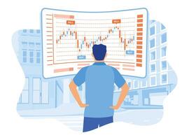 The trading manager analyzes stock market indicators. View financial data and graphs on a computer. Stock market concept. vector