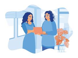 Two businesswomen working together in the office. Using a laptop when analyzing data. Office work concept. vector
