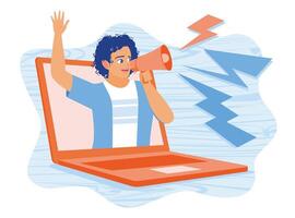 Man talking on a megaphone. Developing an online business strategy. Stock market concept. vector