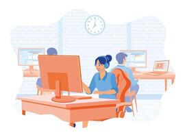 Young woman working on a computer with coworkers. Working on financial and marketing projects in the office. Office work concept. vector